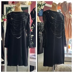 Vintage 80s Escada Mini Dress Black Beaded Silk Long Sleeves Cocktail NYW L/XL